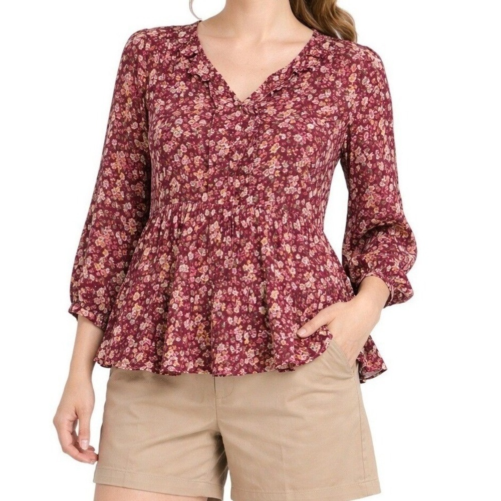 Womens XL Burgundy‎ Floral Peplum V-Neck Long Sleeve Blouse Top Indie Boho